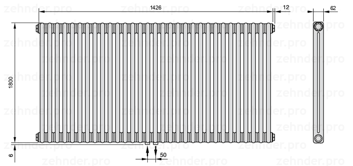 Схема (чертеж) Радиатор Zehnder Charleston 2180/31 №3470 Белый глянцевый RAL 9016